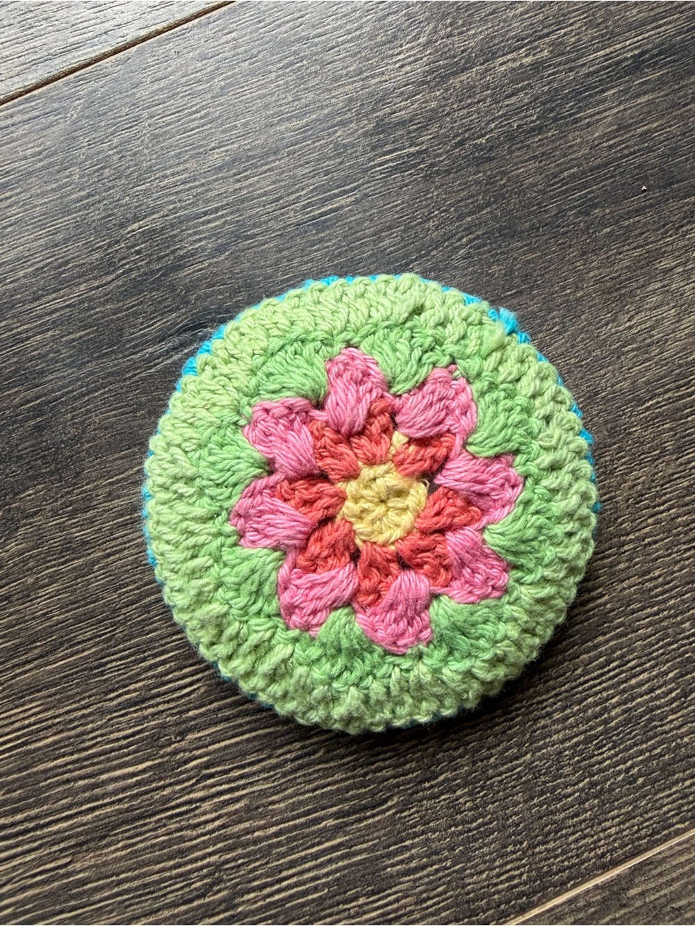 Crocheted Flower Compact Mirror - Green, Pink, Coral & Yellow